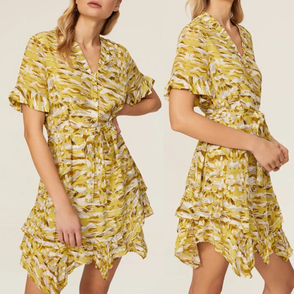 AllSaints Frankie Dress Oniyuri Yellow Print Ruffle Frill Womens Size 0 Layered